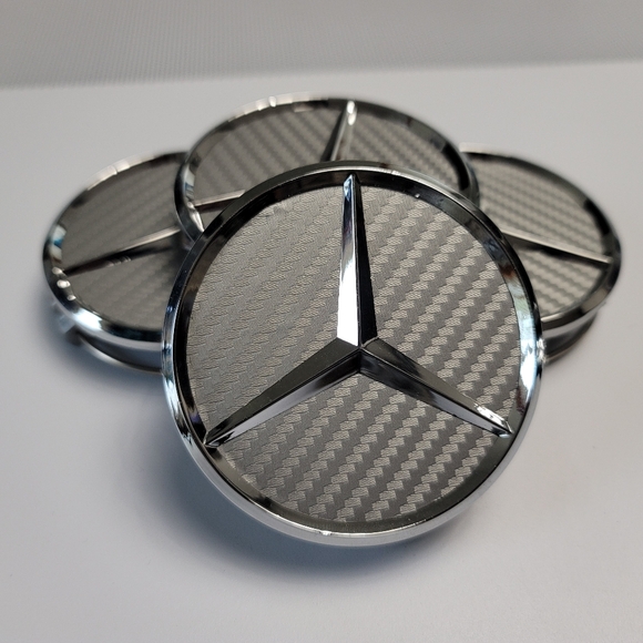 4 Silver Carbon Fiber WHEEL CENTER HUB CAPS EMBLEM FITS MERCEDES BENZ 75MM - Picture 2 of 6